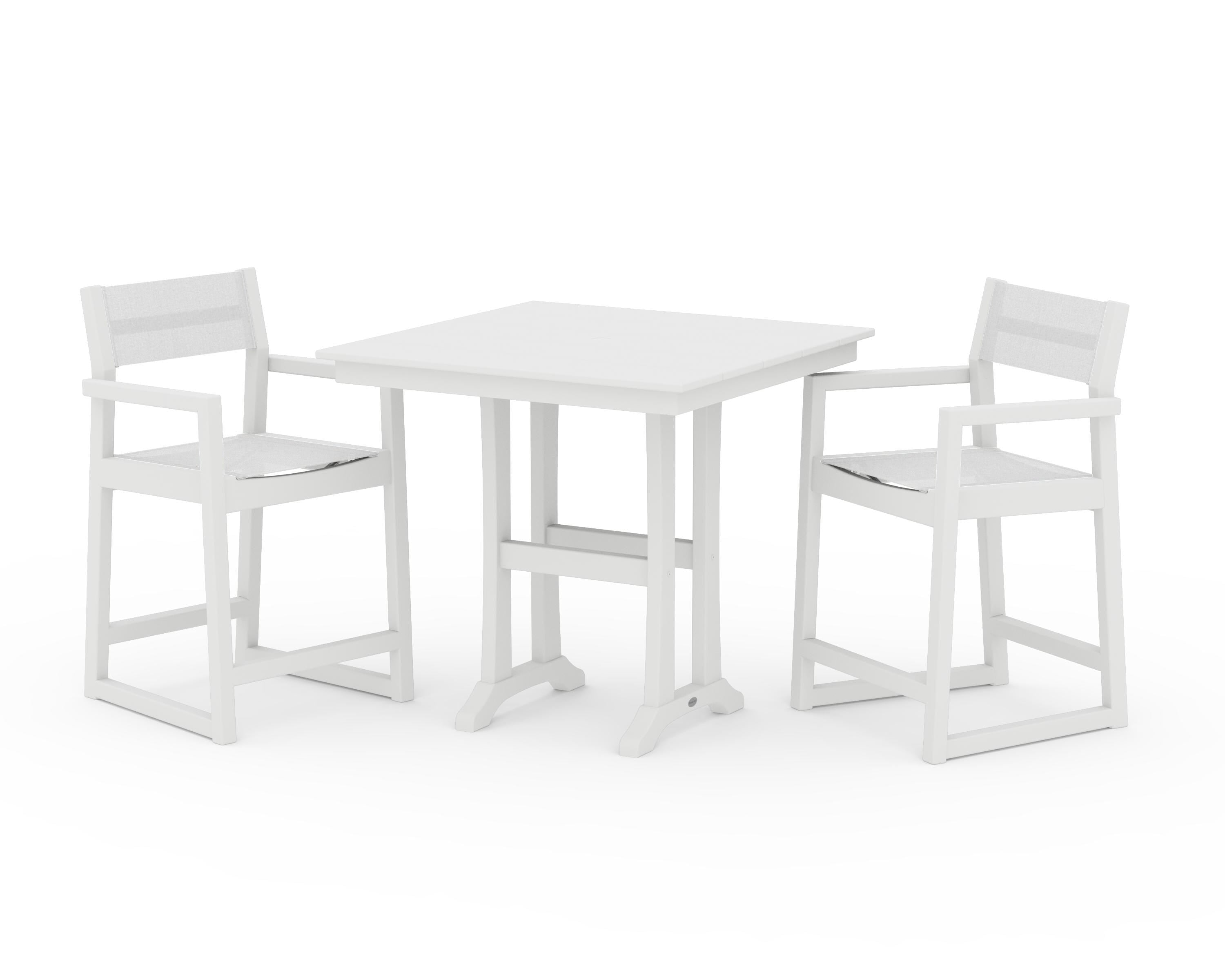POLYWOOD® EDGE Sling Arm Chair 3-Piece Farmhouse Counter Set with Trestle Legs in White / White Sling