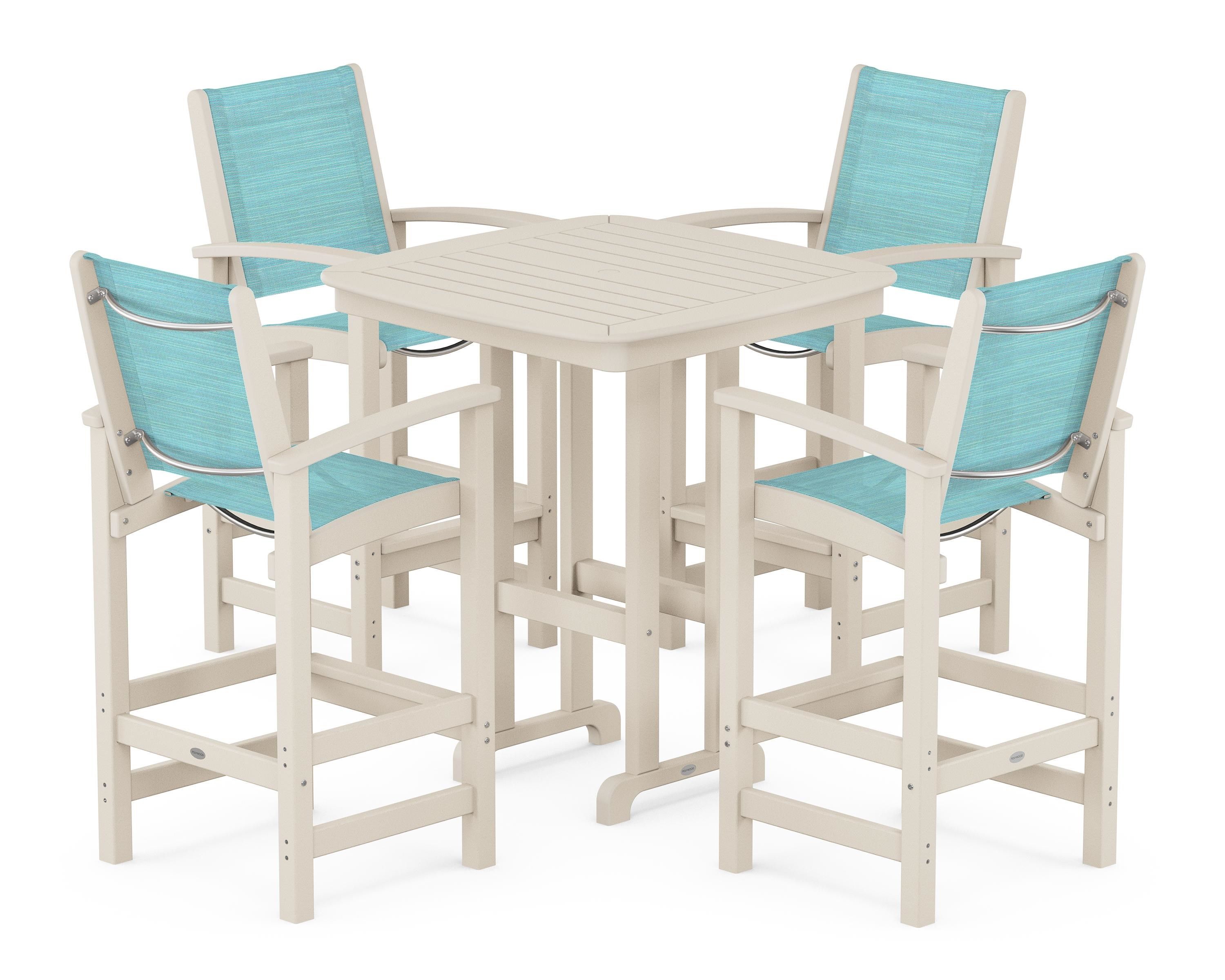 POLYWOOD® Coastal 5-Piece Bar Set in Sand / Dupioni Aquamarine Sling