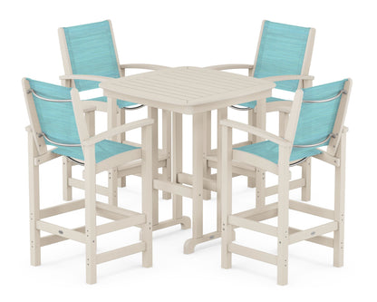 POLYWOOD® Coastal 5-Piece Bar Set in Sand / Dupioni Aquamarine Sling