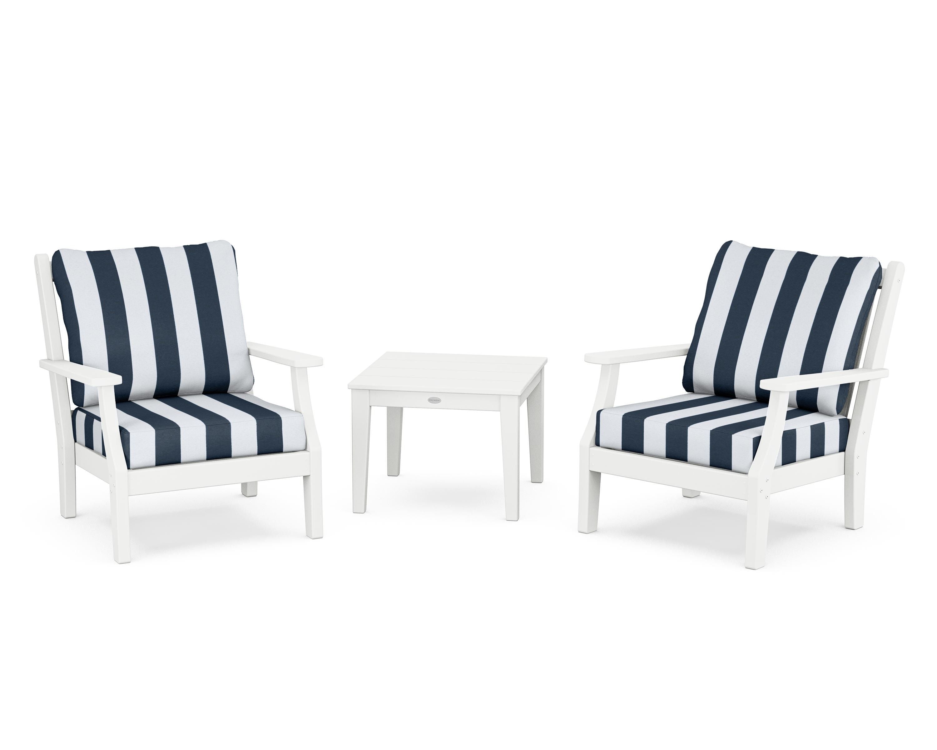 Country Living Wovendale 3-Piece Deep Seating Set in White / Cabana Stripe Marine Indigo