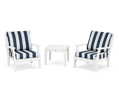 Country Living Wovendale 3-Piece Deep Seating Set in White / Cabana Stripe Marine Indigo