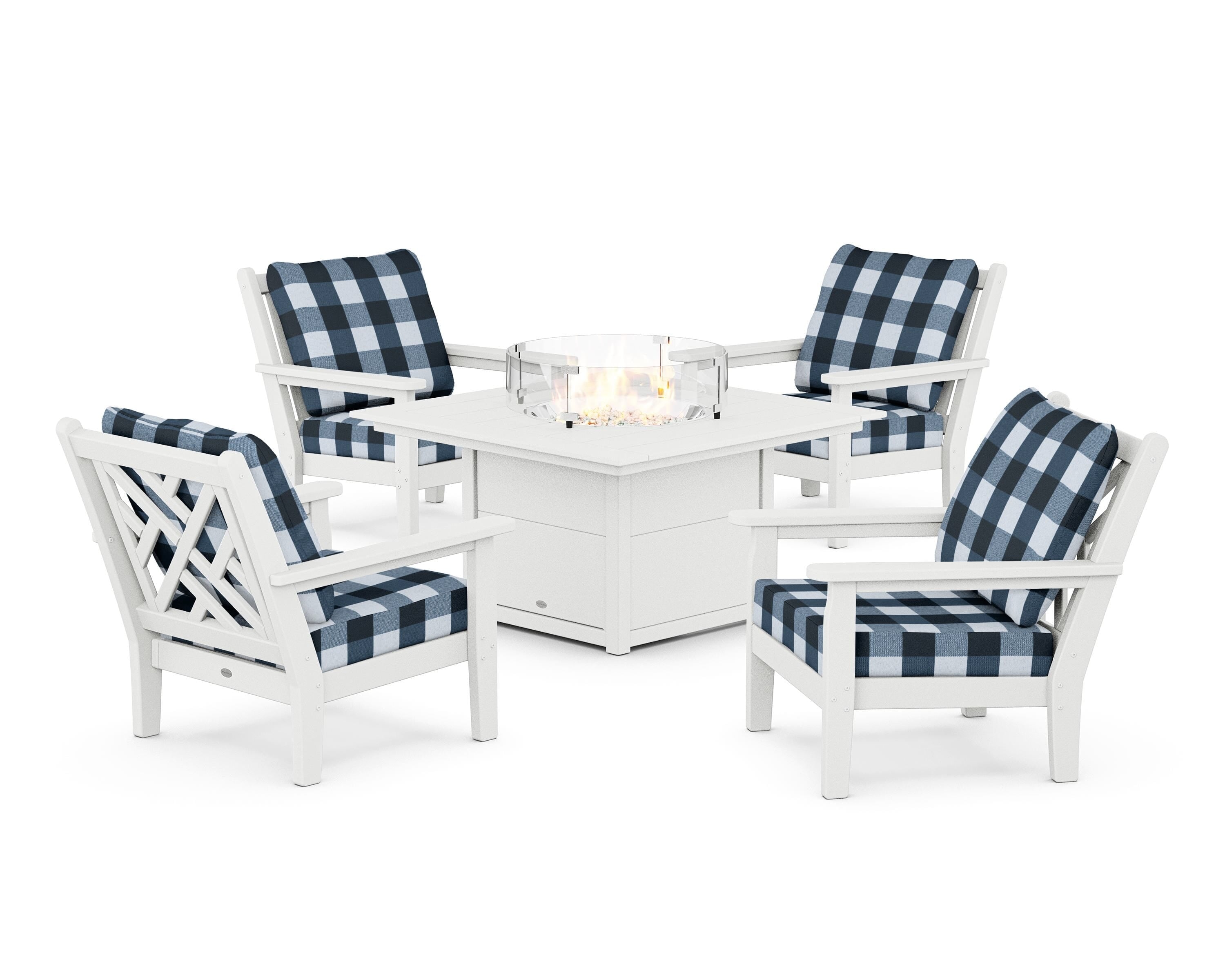 POLYWOOD® Chippendale 5-Piece Deep Seating Set with Fire Pit Table in White / Buffalo Plaid Marine Indigo