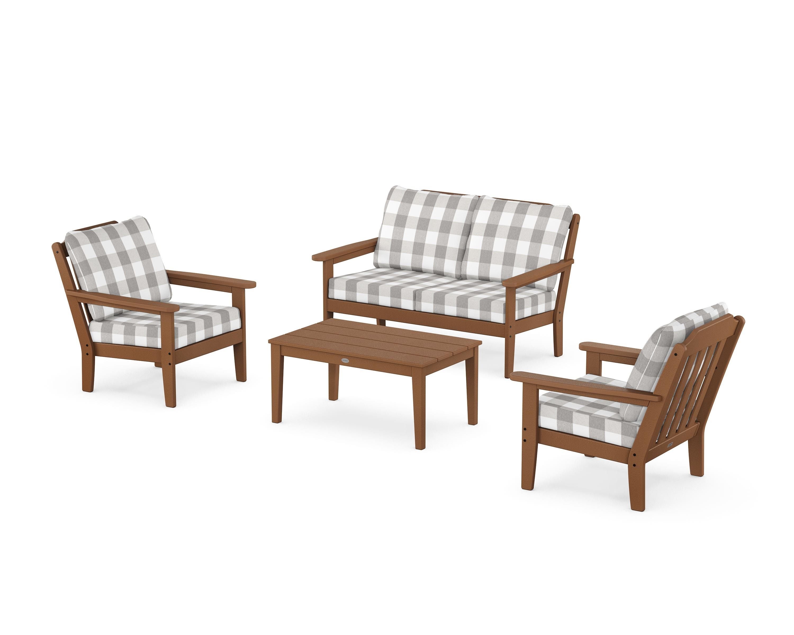 Country Living Cottage 4-Piece Deep Seating Set with Loveseat in Teak / Buffalo Plaid Grey Mist
