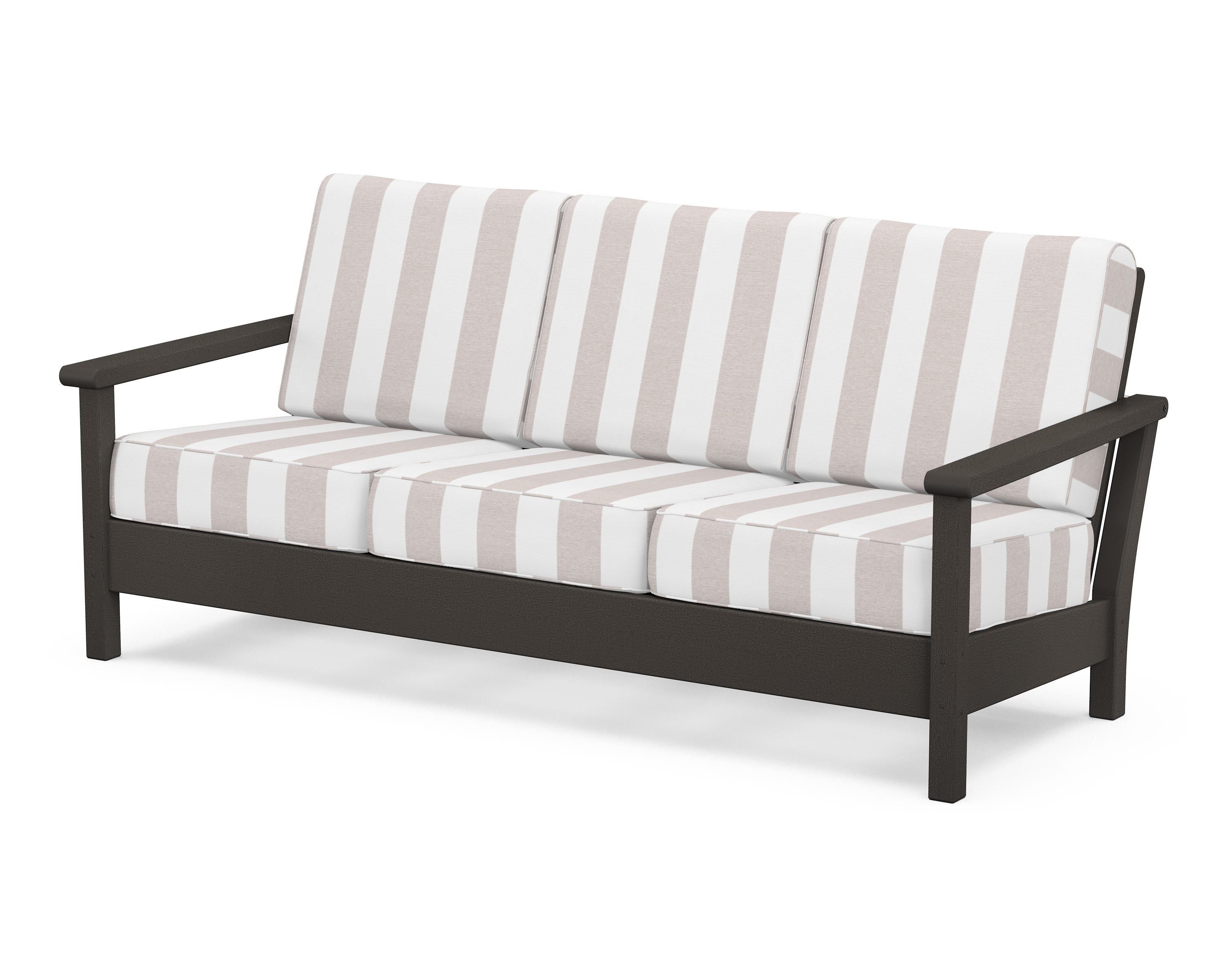 POLYWOOD® Harbour Deep Seating Sofa in Vintage Coffee / Cabana Stripe Dune Burlap