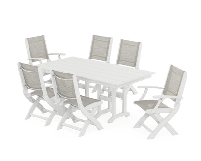 POLYWOOD® Coastal Folding Chair 7-Piece Farmhouse Dining Set in White / Birch Sling