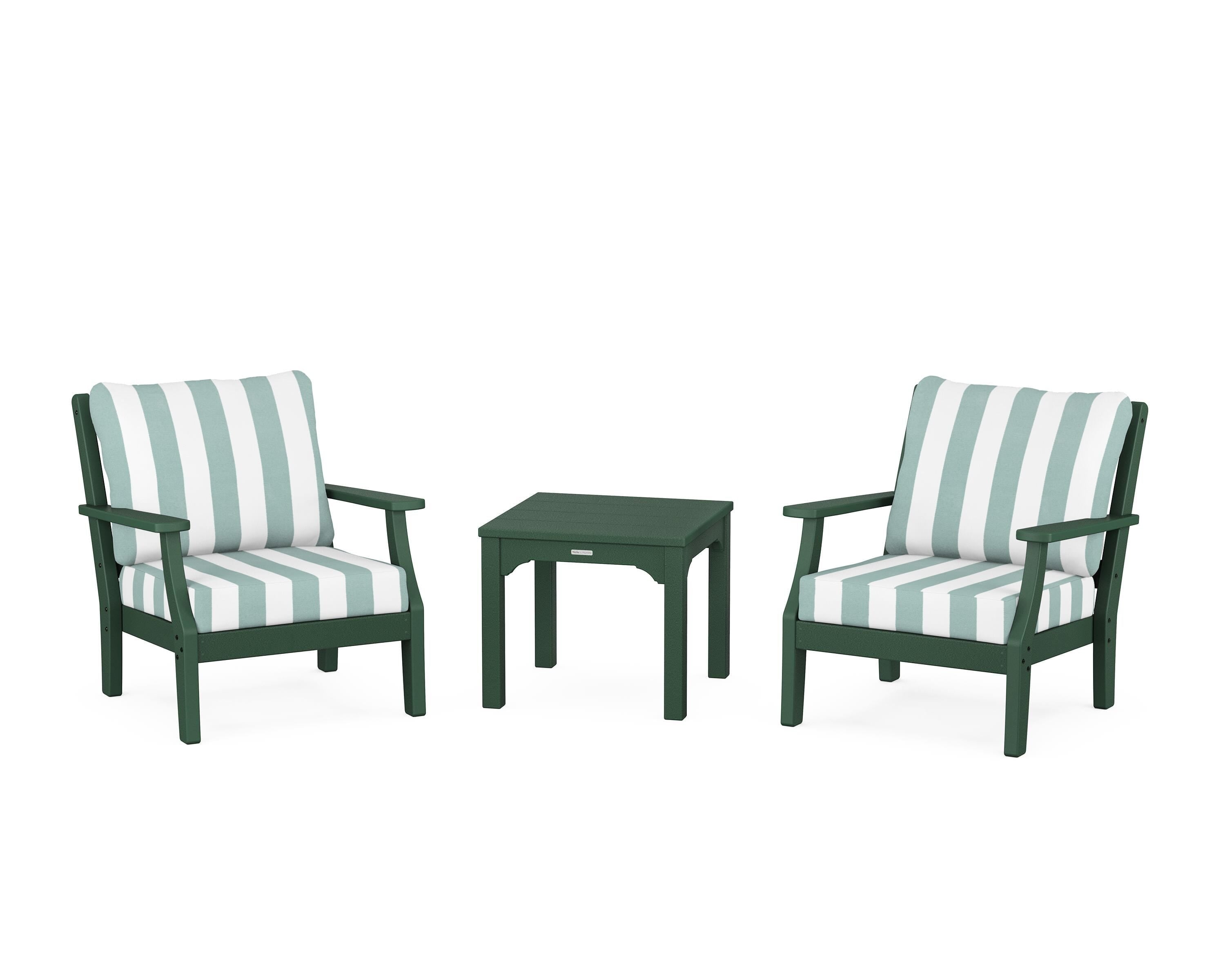 Martha Stewart by POLYWOOD® Chinoiserie 3-Piece Deep Seating Set in Green / Cabana Stripe Glacier Spa