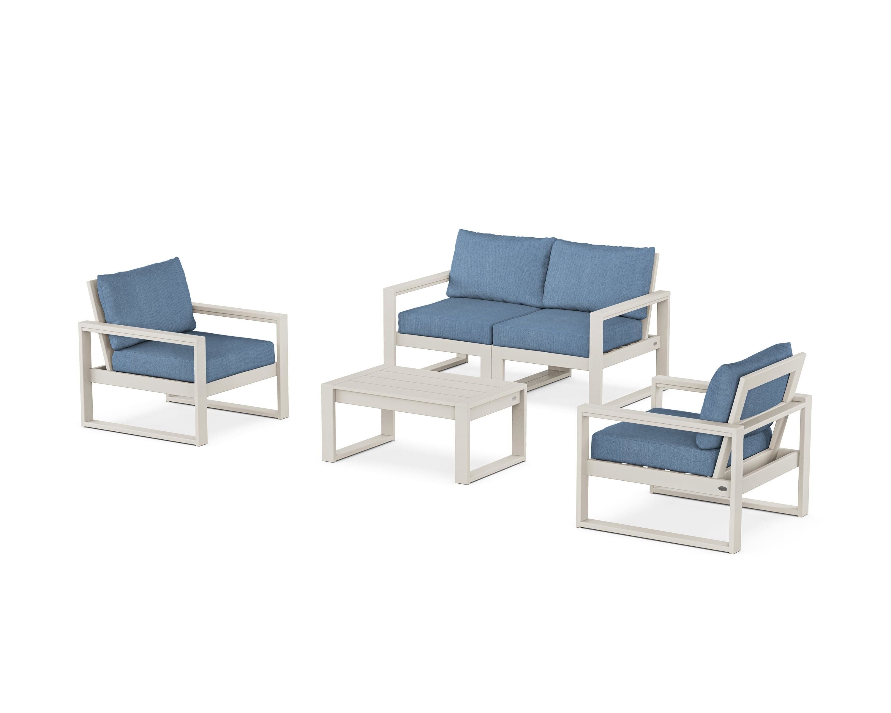 POLYWOOD® EDGE Sectional 4-Piece Deep Seating Set with Loveseat in Sand / Sky Blue