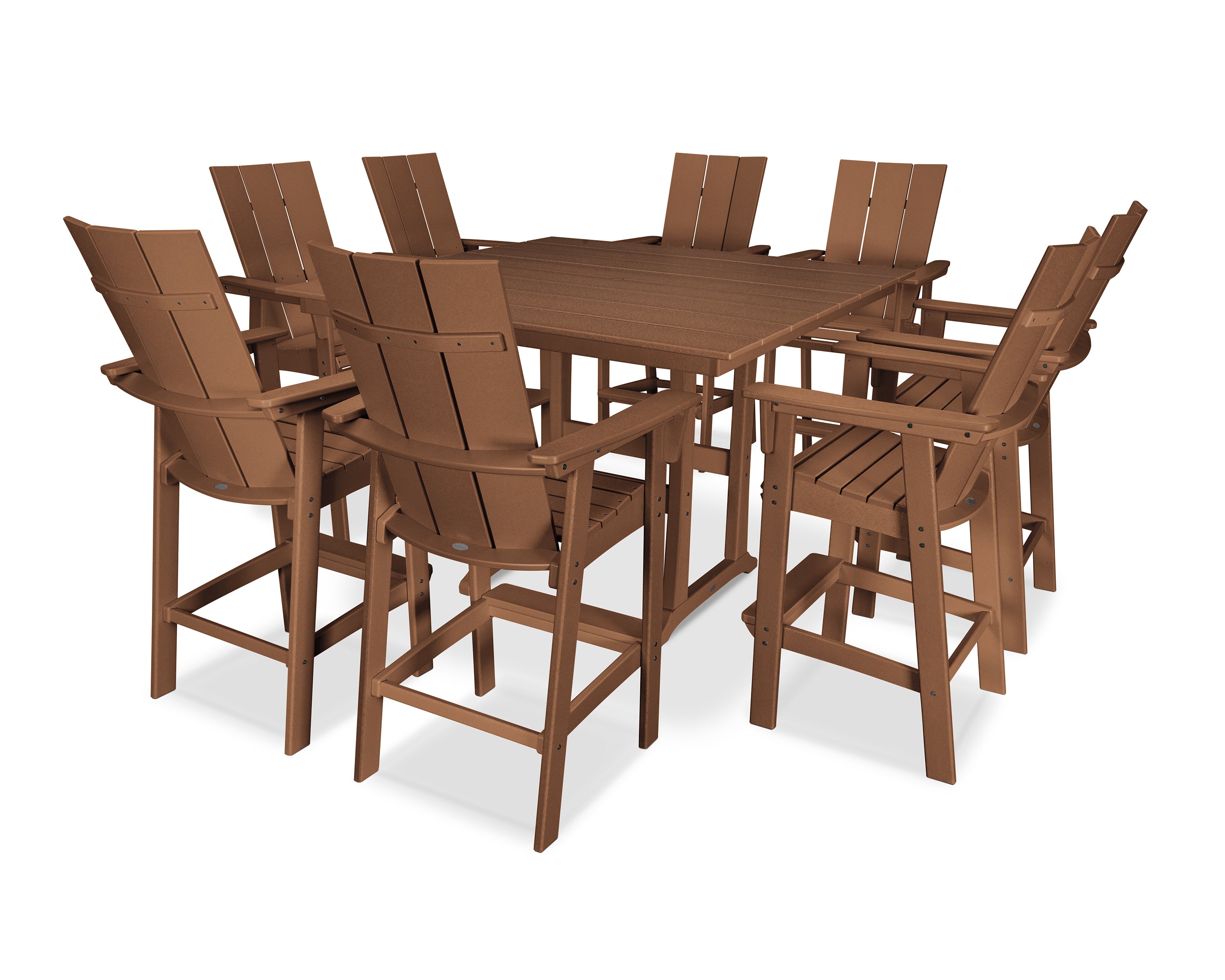 POLYWOOD® Modern Curveback Adirondack 9-Piece Farmhouse Trestle Bar Set in Teak