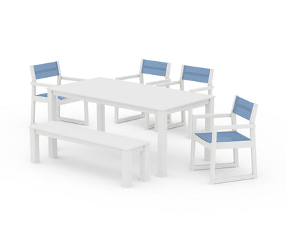 POLYWOOD® EDGE Sling Arm Chair 6-Piece Parsons Dining Set with Bench in White / Poolside Sling