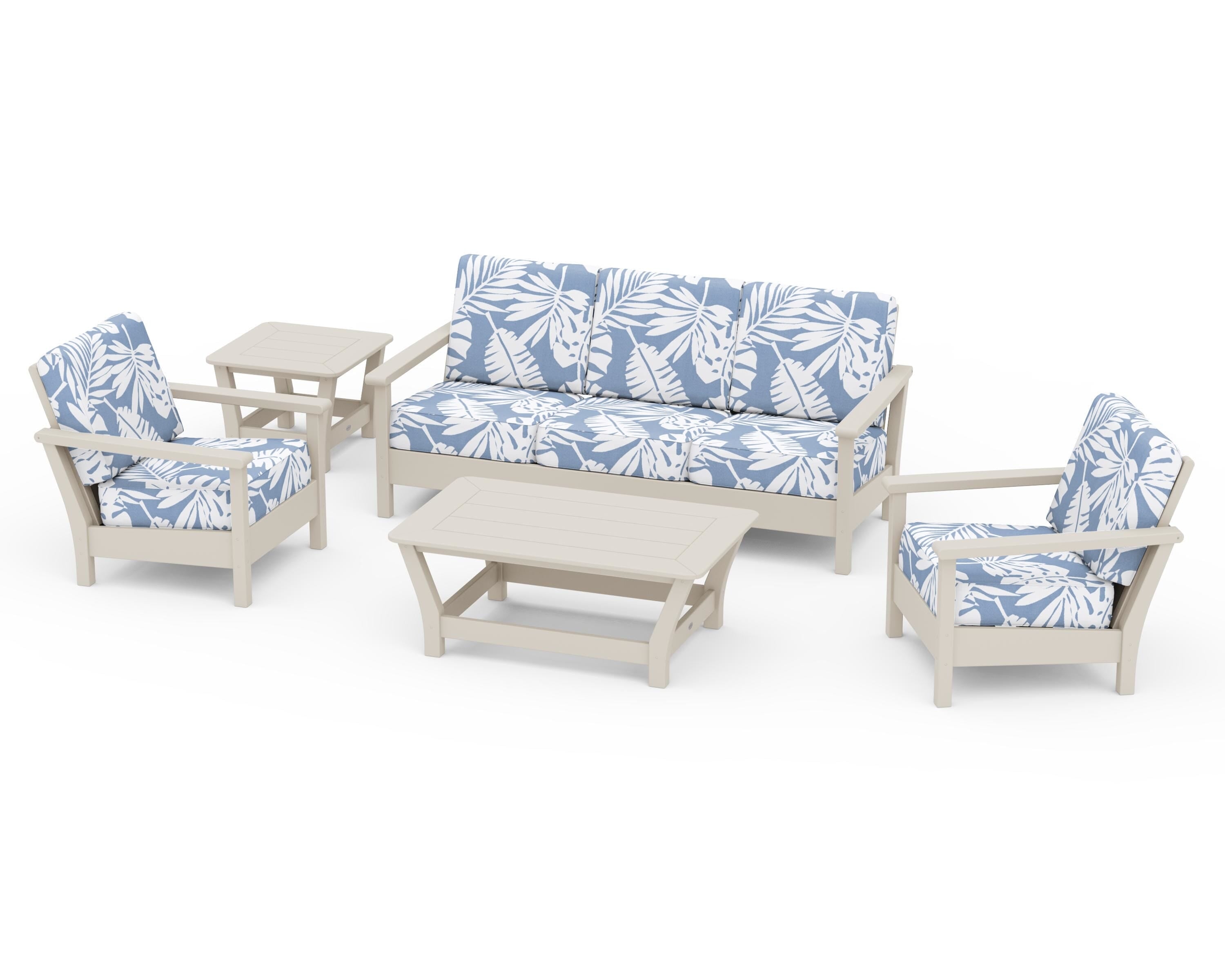 POLYWOOD® Harbour 5-Piece Deep Seating Set in Sand / Leaf Sky Blue