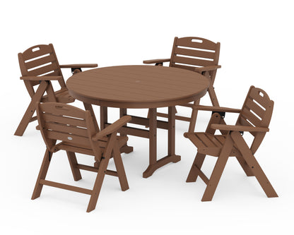 POLYWOOD® Nautical Folding Lowback Chair 5-Piece Round Farmhouse Dining Set in Teak