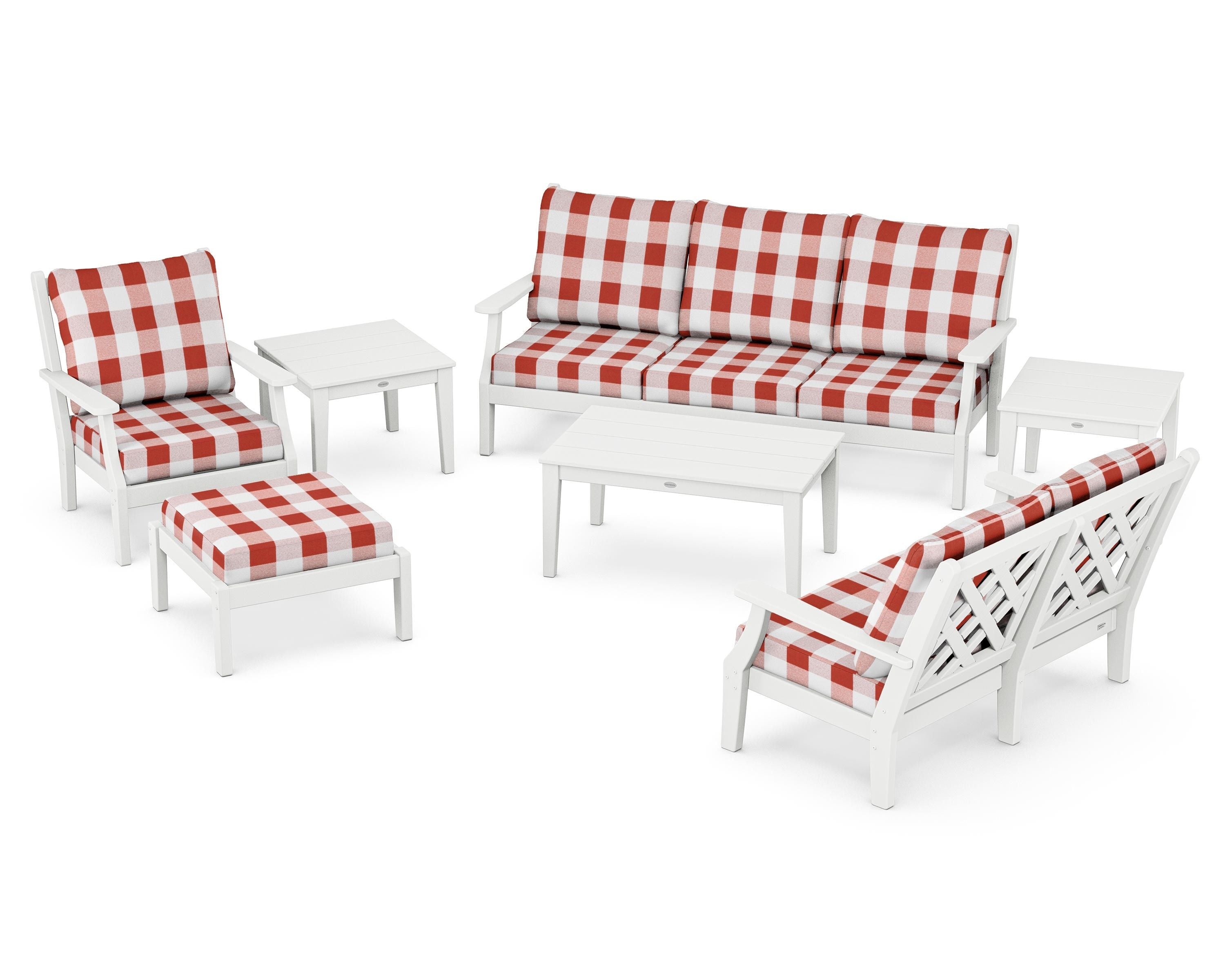 Country Living Wovendale 7-Piece Deep Seating Set in White / Buffalo Plaid Crimson
