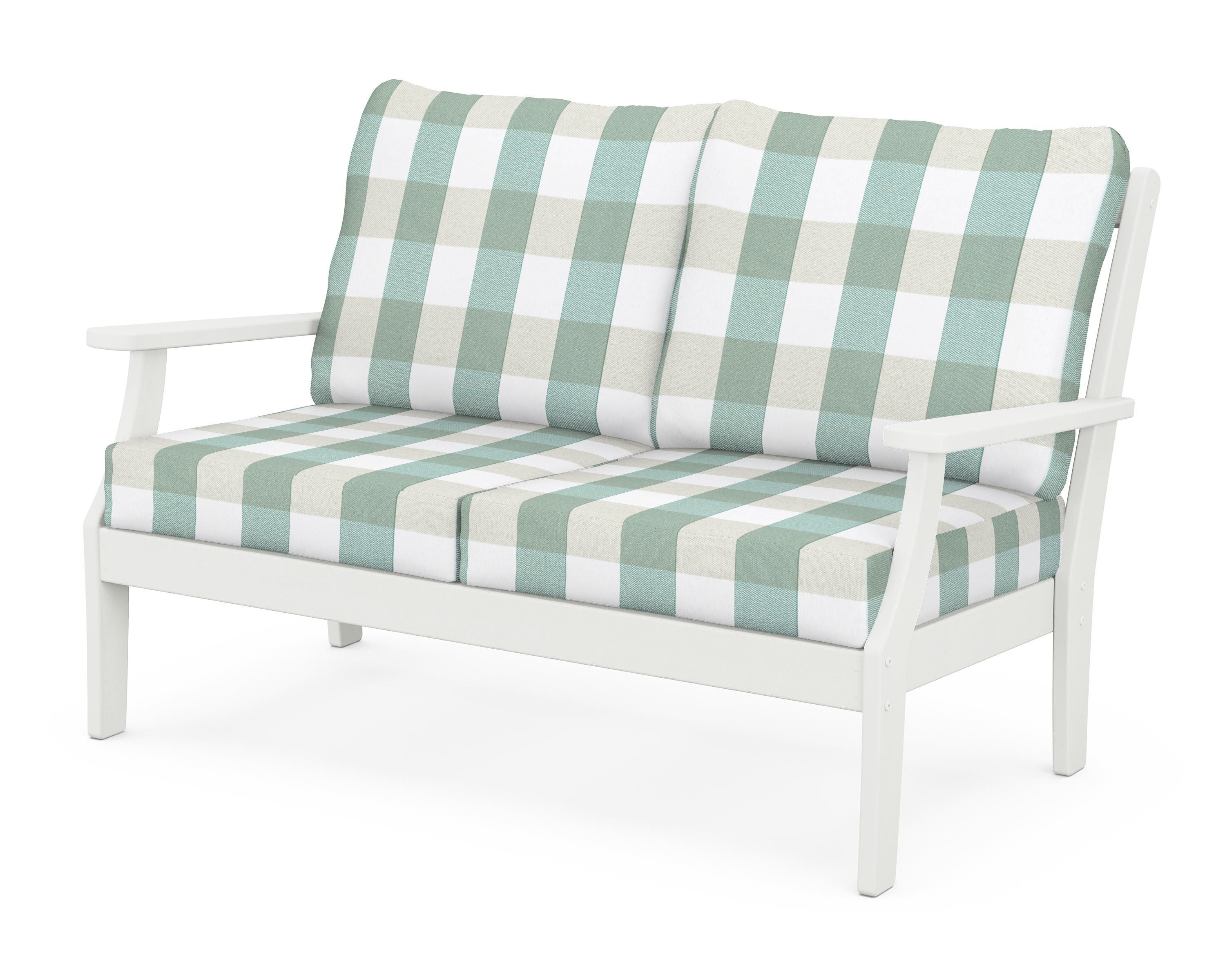 POLYWOOD® Braxton Deep Seating Loveseat in Vintage White / Buffalo Plaid Glacier Spa