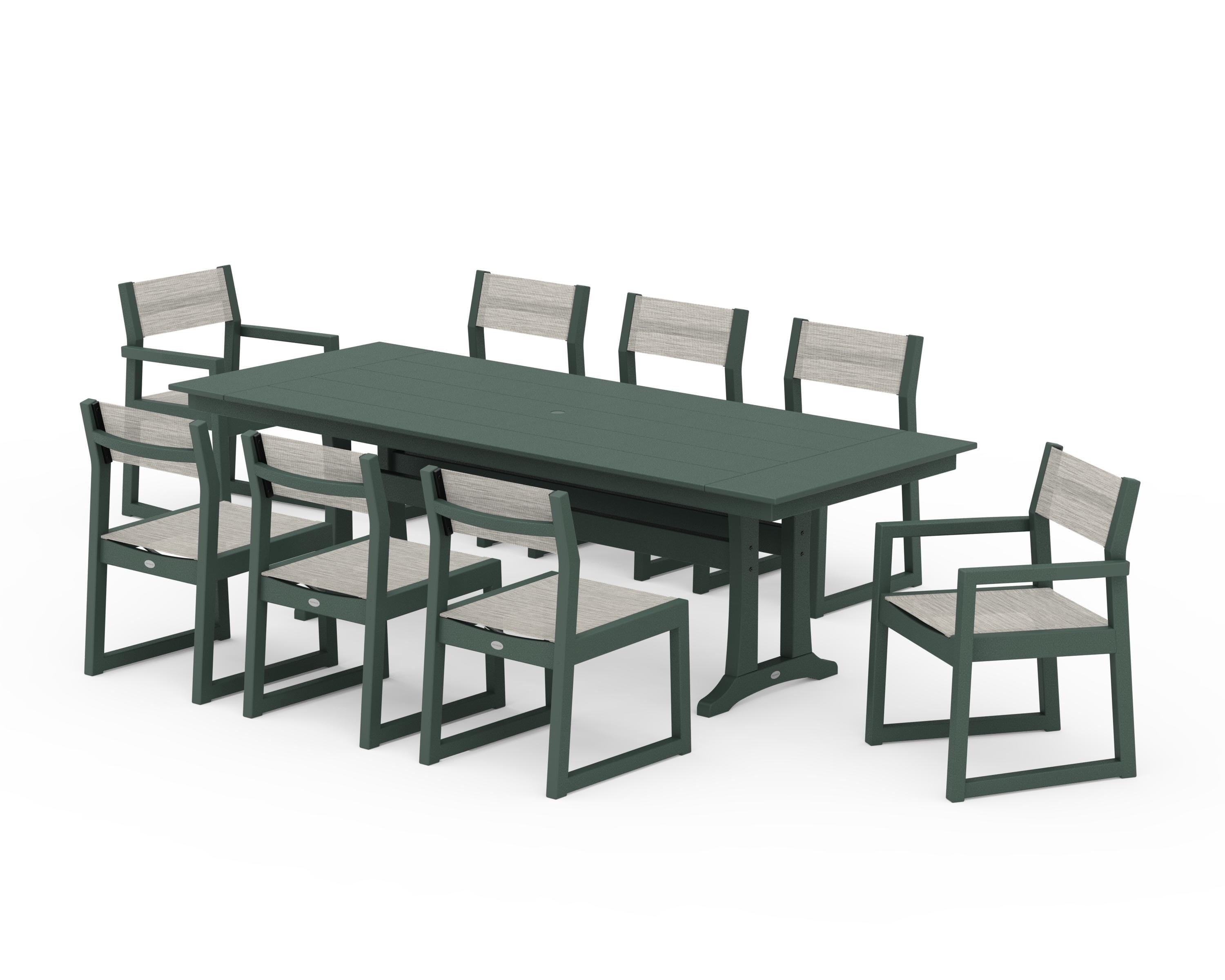 POLYWOOD® EDGE Sling 9-Piece Farmhouse Trestle Dining Set in Green / Birch Sling