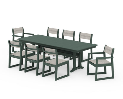 POLYWOOD® EDGE Sling 9-Piece Farmhouse Trestle Dining Set in Green / Birch Sling