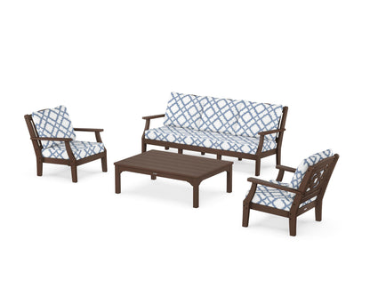 Martha Stewart by POLYWOOD® Chinoiserie 4-Piece Deep Seating Set with Sofa in Mahogany / Trellis Sky Blue