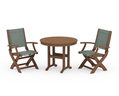 POLYWOOD® Coastal Folding Chair 3-Piece Round Dining Set in Teak / Dupioni Sea Mist Sling