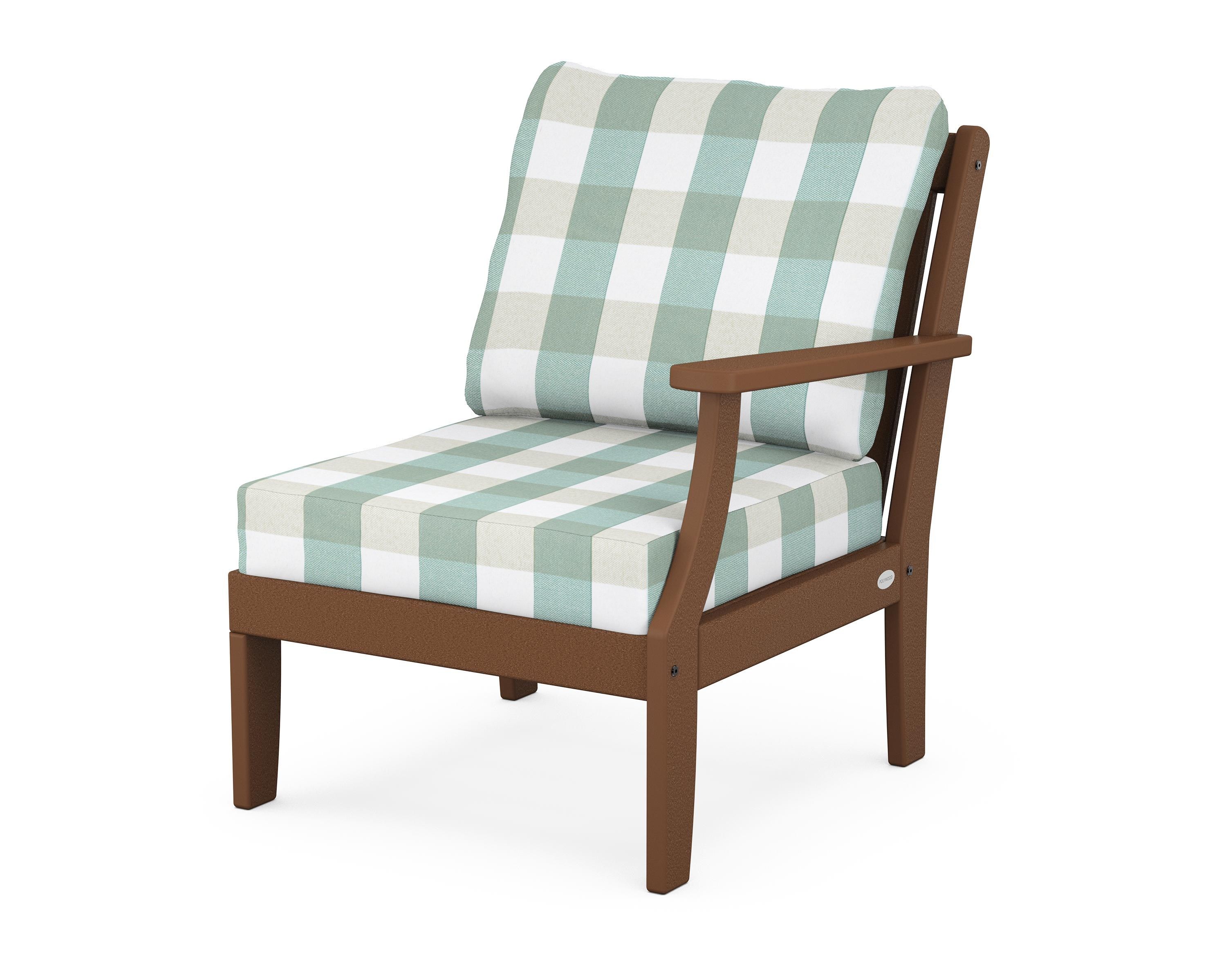 POLYWOOD® Braxton Modular Right Arm Chair in Teak / Buffalo Plaid Glacier Spa