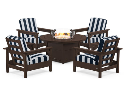 POLYWOOD® Club 5-Piece Conversation Set with Fire Pit Table in Mahogany / Cabana Stripe Marine Indigo
