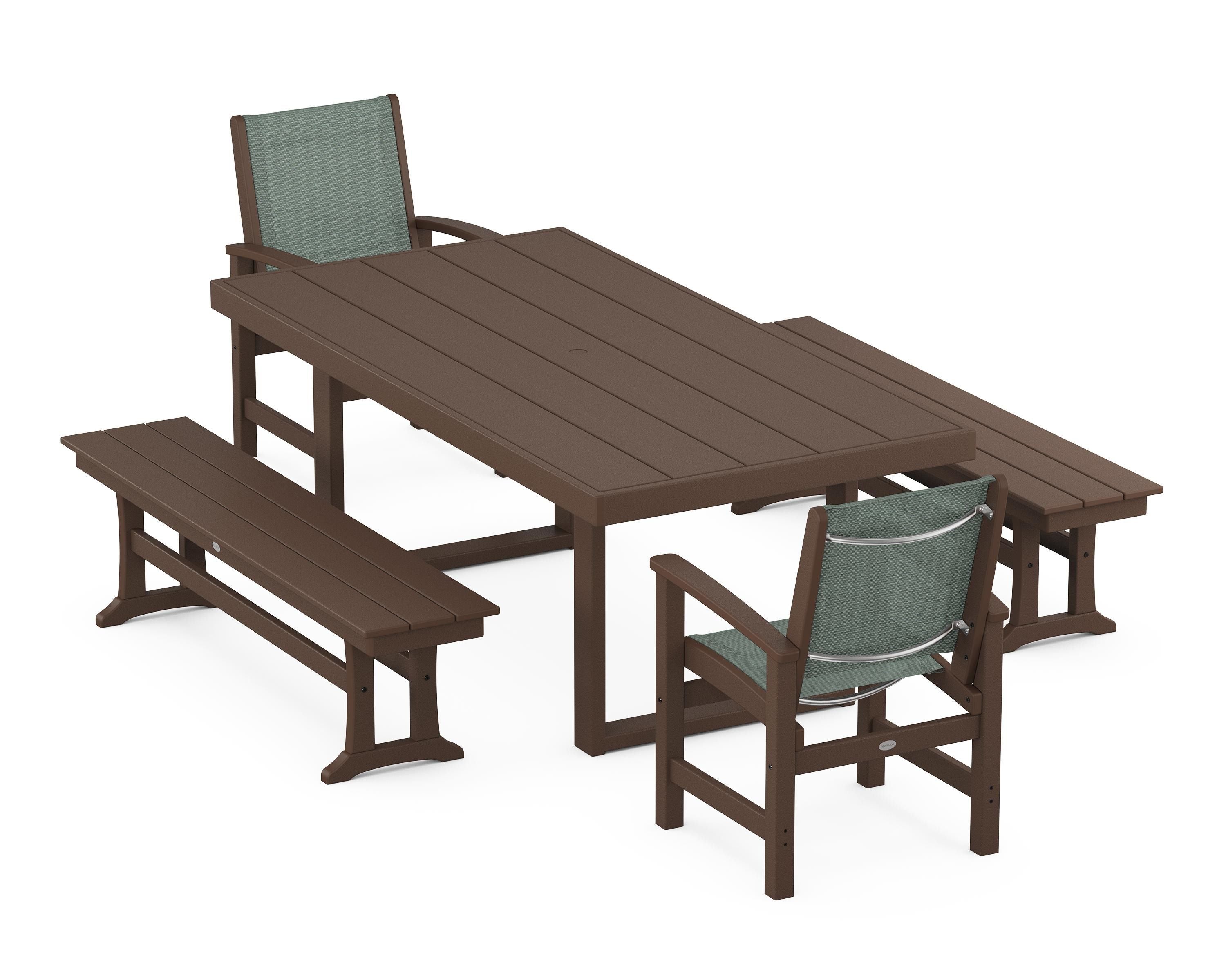 POLYWOOD® Coastal 5-Piece Dining Set with Trestle Legs in Mahogany / Dupioni Sea Mist Sling