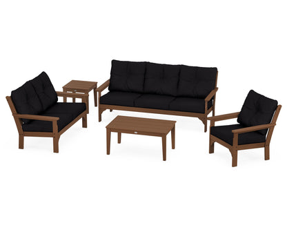 POLYWOOD® Vineyard 5 Piece Deep Seating Set in Teak / Midnight Linen