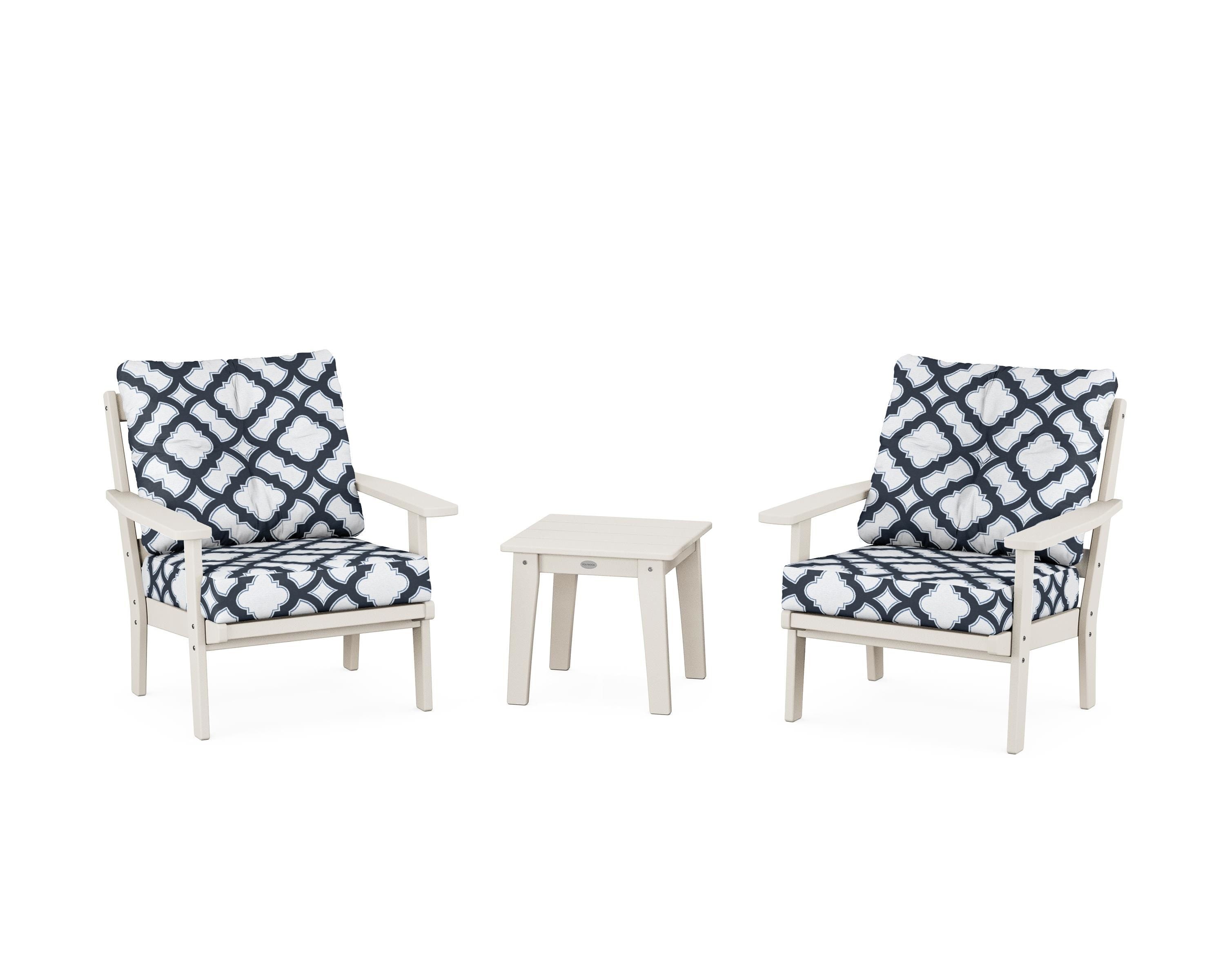 POLYWOOD® Oxford 3-Piece Deep Seating Set in Sand / Trellis Marine Indigo