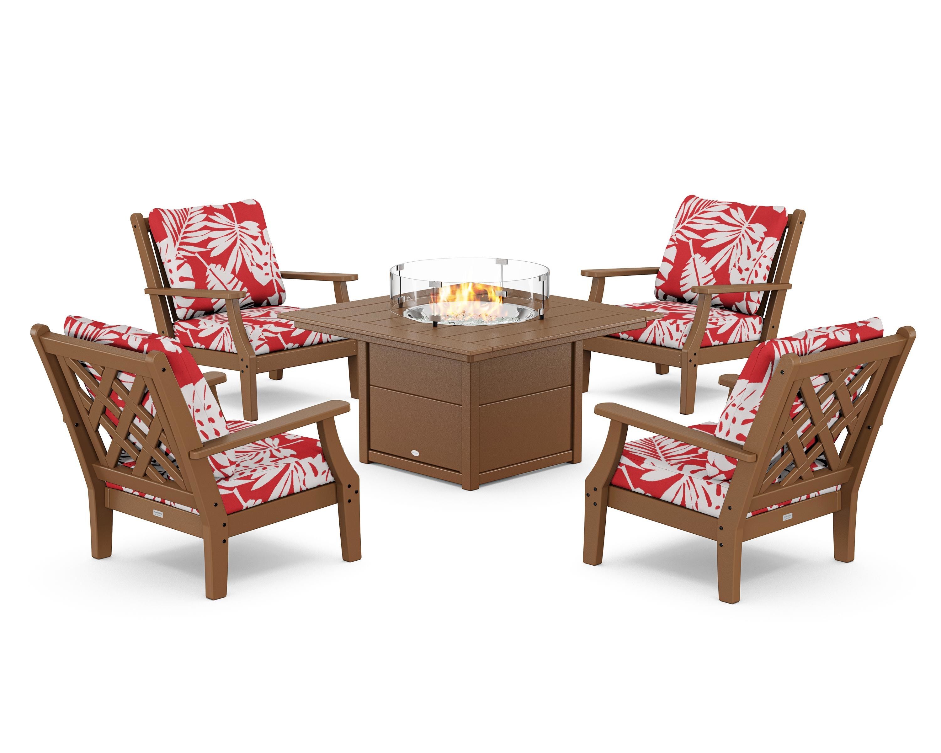 Country Living Wovendale 5-Piece Deep Seating Set with Fire Pit Table in Teak / Leaf Crimson