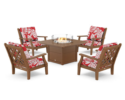Country Living Wovendale 5-Piece Deep Seating Set with Fire Pit Table in Teak / Leaf Crimson