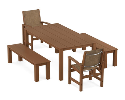 POLYWOOD® Coastal 5-Piece Parsons Dining Set with Benches in Teak / Burlap Sling
