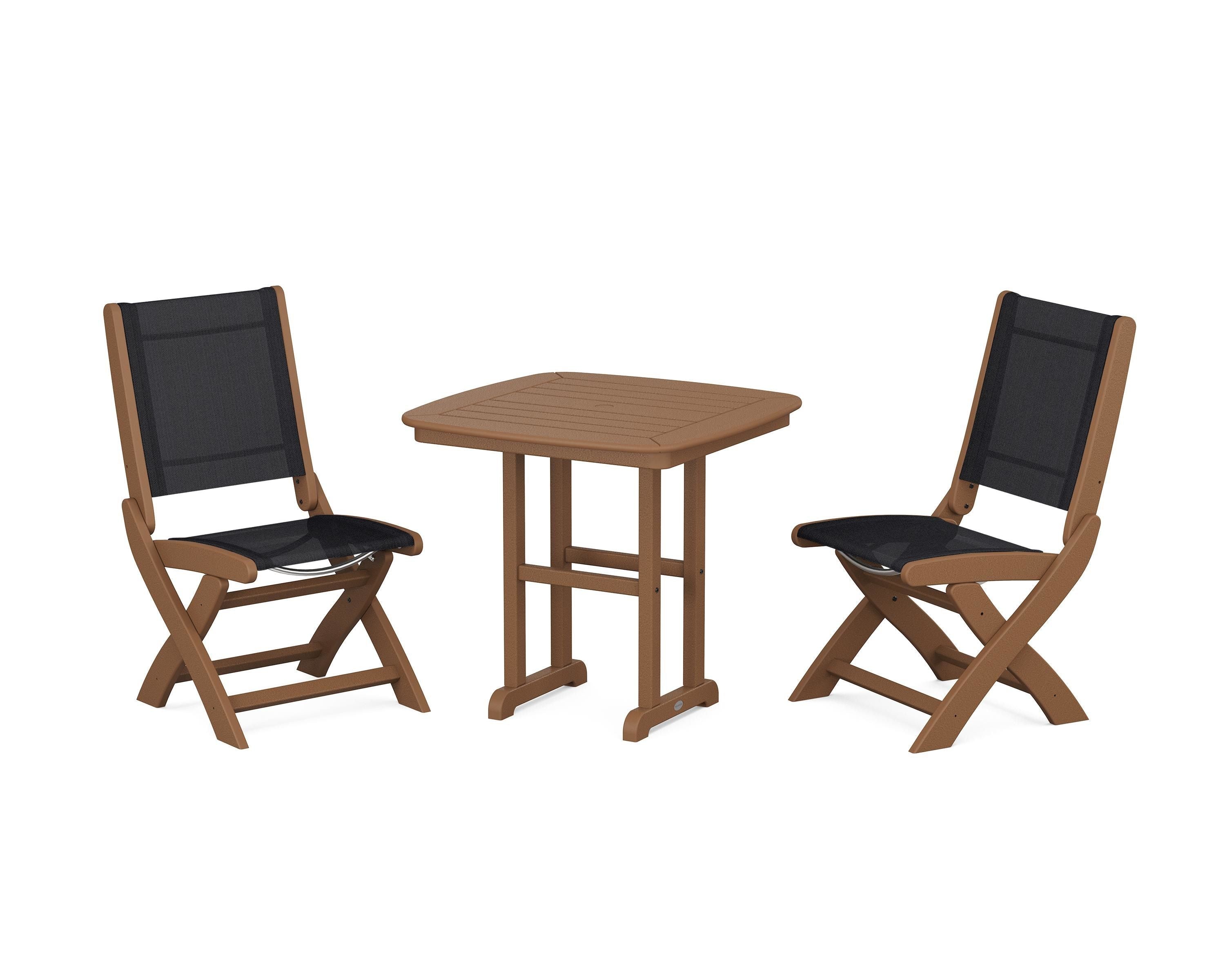 POLYWOOD® Coastal Folding Side Chair 3-Piece Dining Set in Teak / Black Sling
