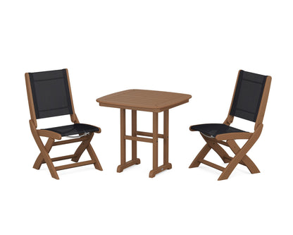 POLYWOOD® Coastal Folding Side Chair 3-Piece Dining Set in Teak / Black Sling
