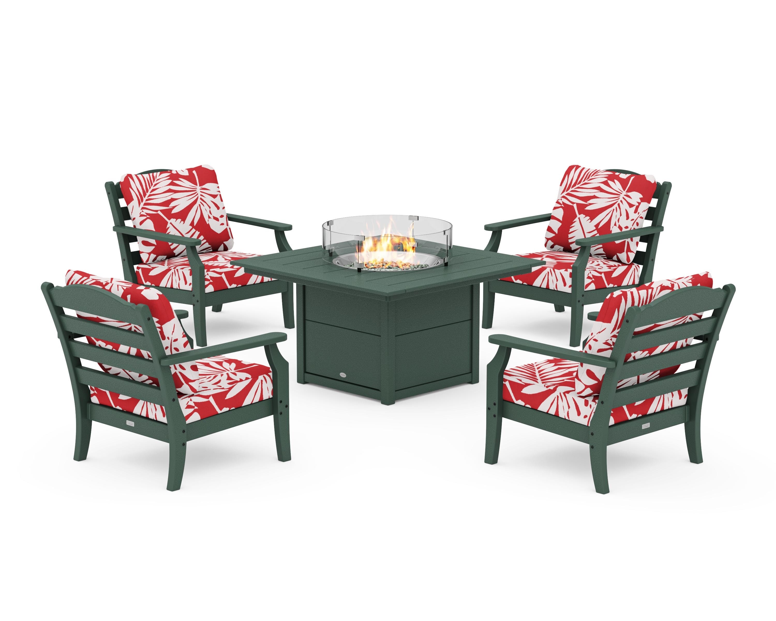 Draper James™ by  POLYWOOD® Savannah 5-Piece Deep Seating Set with Fire Pit Table in Green / Leaf Crimson