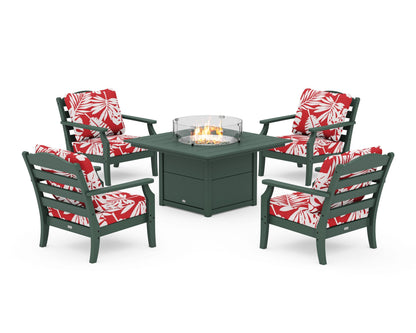 Draper James™ by  POLYWOOD® Savannah 5-Piece Deep Seating Set with Fire Pit Table in Green / Leaf Crimson