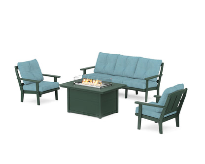POLYWOOD® Mission Deep Seating Fire Pit Table Set in Green / Lattice Sky Blue