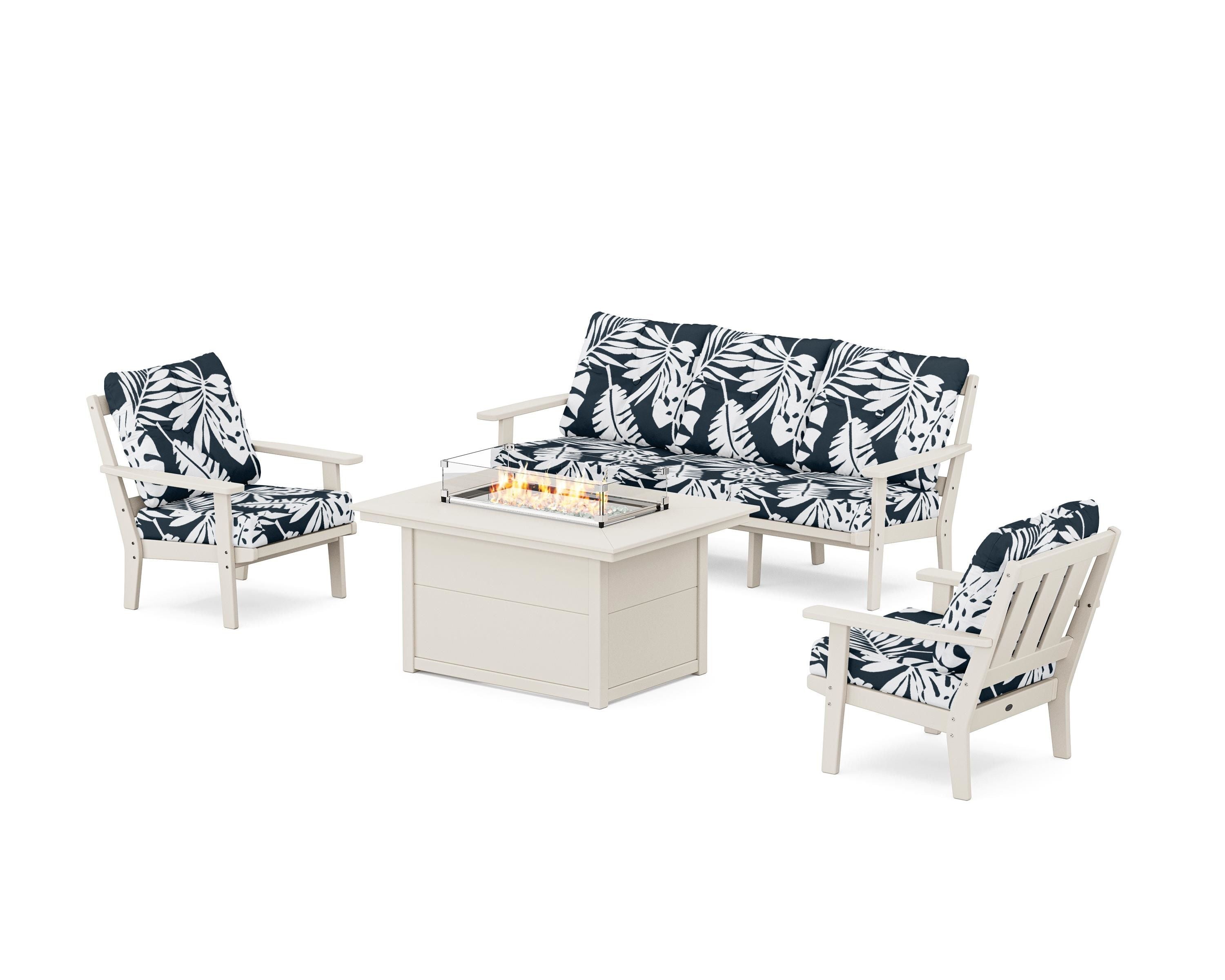 POLYWOOD® Oxford Deep Seating Fire Pit Table Set in Sand / Leaf Marine Indigo