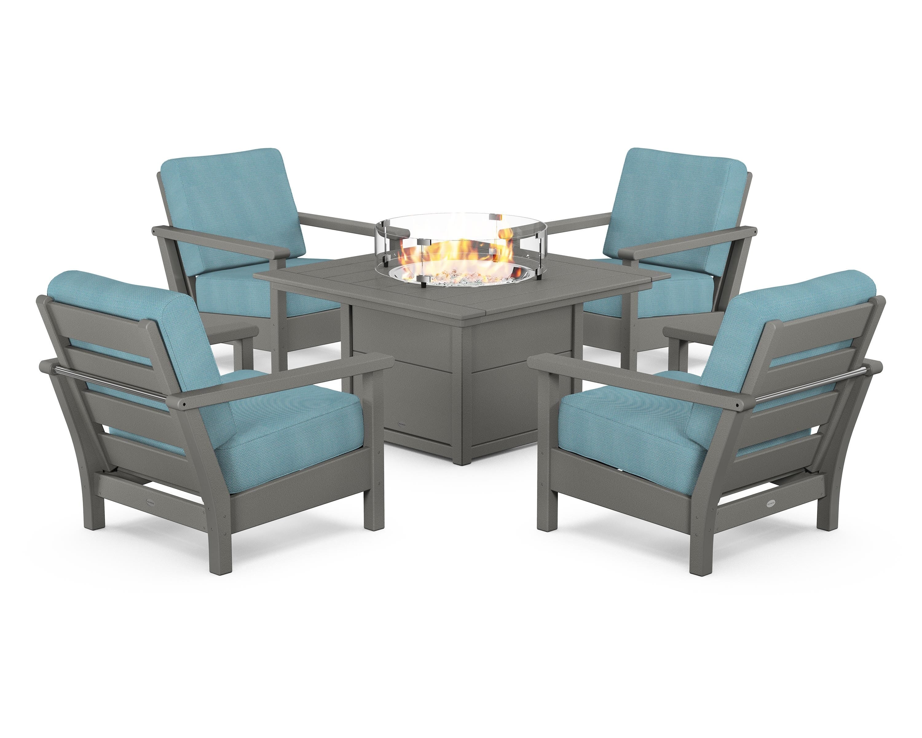 POLYWOOD® Harbour 5-Piece Conversation Set with Fire Pit Table in Slate Grey / Lattice Sky Blue