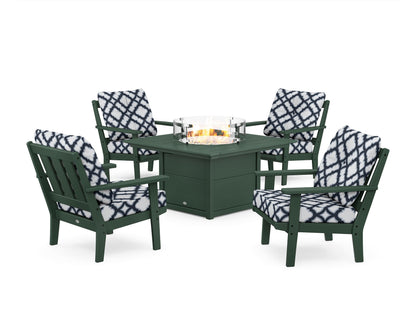 POLYWOOD® Oxford 5-Piece Deep Seating Set with Fire Pit Table in Green / Trellis Marine Indigo