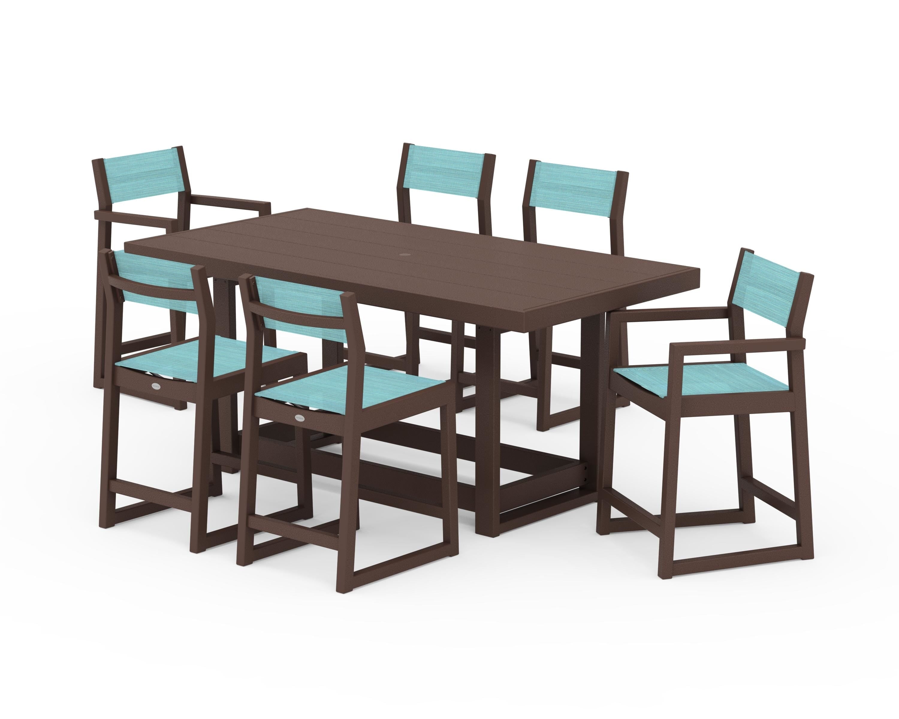 POLYWOOD® EDGE Sling 7-Piece Counter Table Set in Mahogany / Dupioni Aquamarine Sling