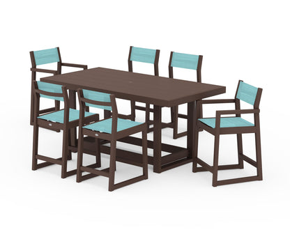 POLYWOOD® EDGE Sling 7-Piece Counter Table Set in Mahogany / Dupioni Aquamarine Sling