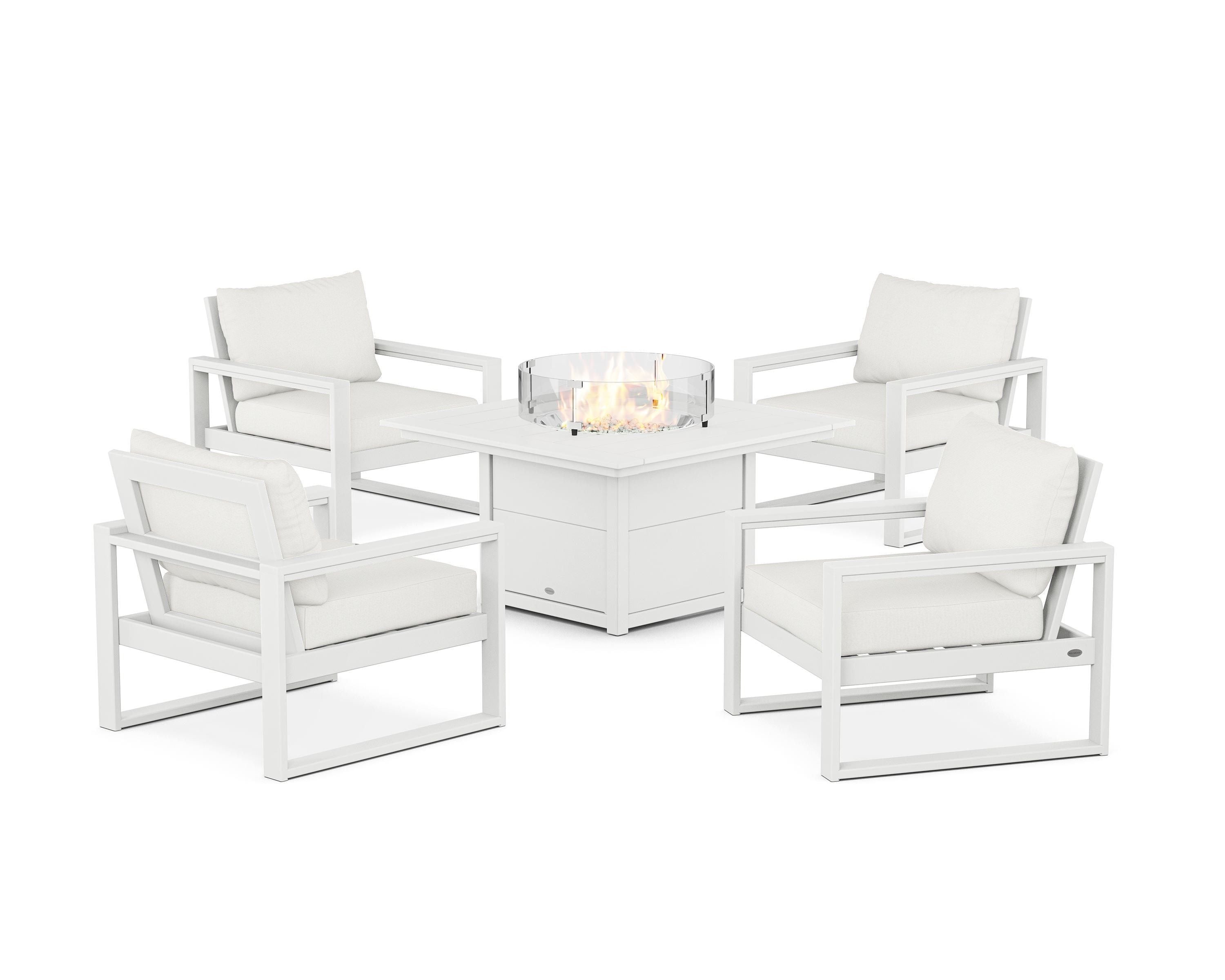 POLYWOOD® EDGE Sectional 5-Piece Deep Seating Set with Fire Pit Table in White / Natural Linen