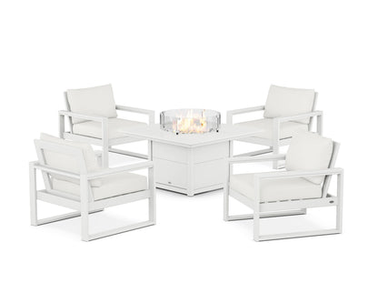 POLYWOOD® EDGE Sectional 5-Piece Deep Seating Set with Fire Pit Table in White / Natural Linen