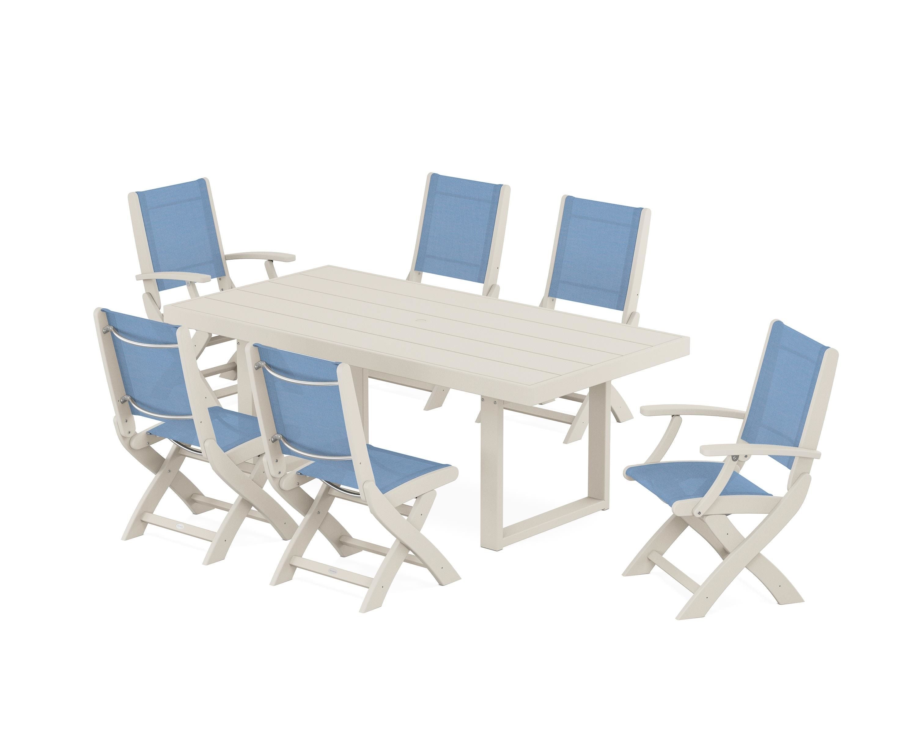 POLYWOOD® Coastal Folding Chair 7-Piece Dining Set with Trestle Legs in Sand / Poolside Sling