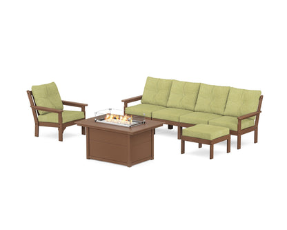 POLYWOOD® Vineyard Sectional Lounge and Fire Pit Set in Teak / Chartreuse Boucle