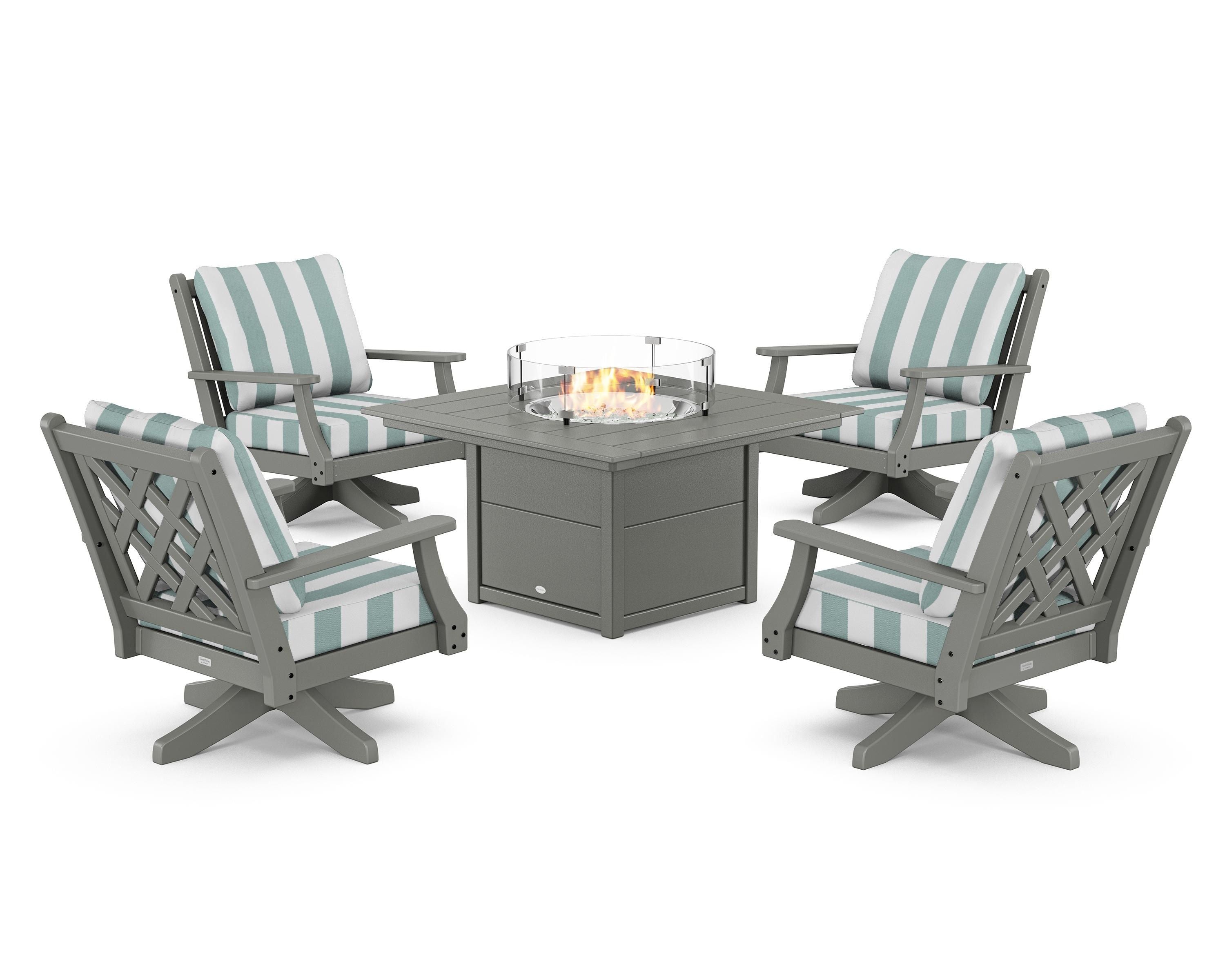 Country Living Wovendale 5-Piece Deep Seating Swivel Conversation Set with Fire Pit Table in Slate Grey / Cabana Stripe Glacier Spa