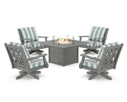 Country Living Wovendale 5-Piece Deep Seating Swivel Conversation Set with Fire Pit Table in Slate Grey / Cabana Stripe Glacier Spa