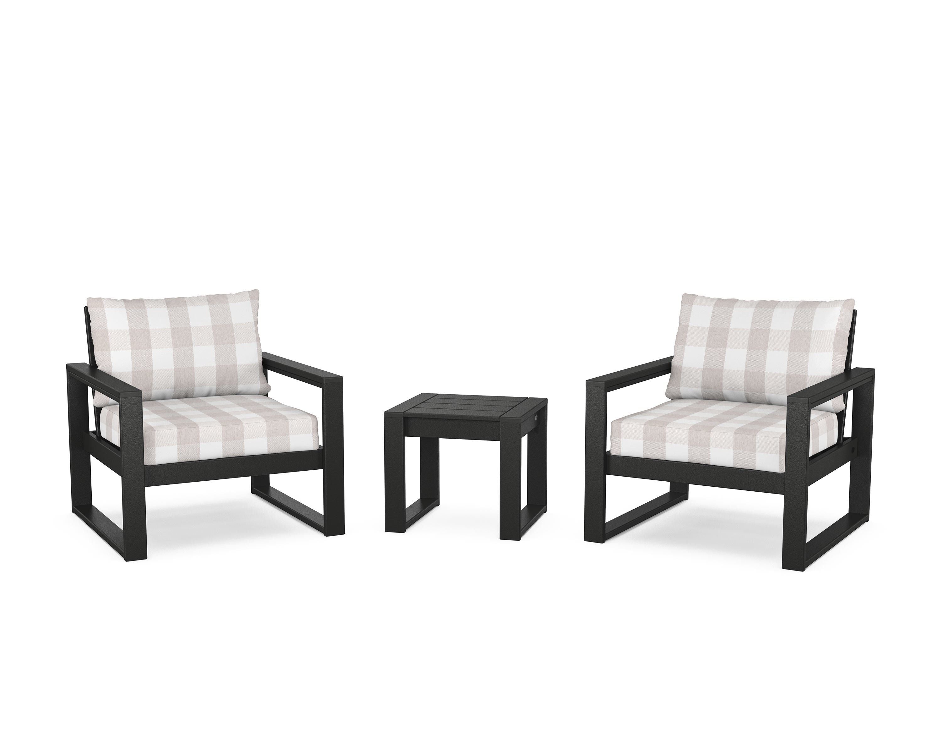 POLYWOOD® EDGE Sectional 3-Piece Deep Seating Set in Black / Buffalo Plaid Dune Burlap