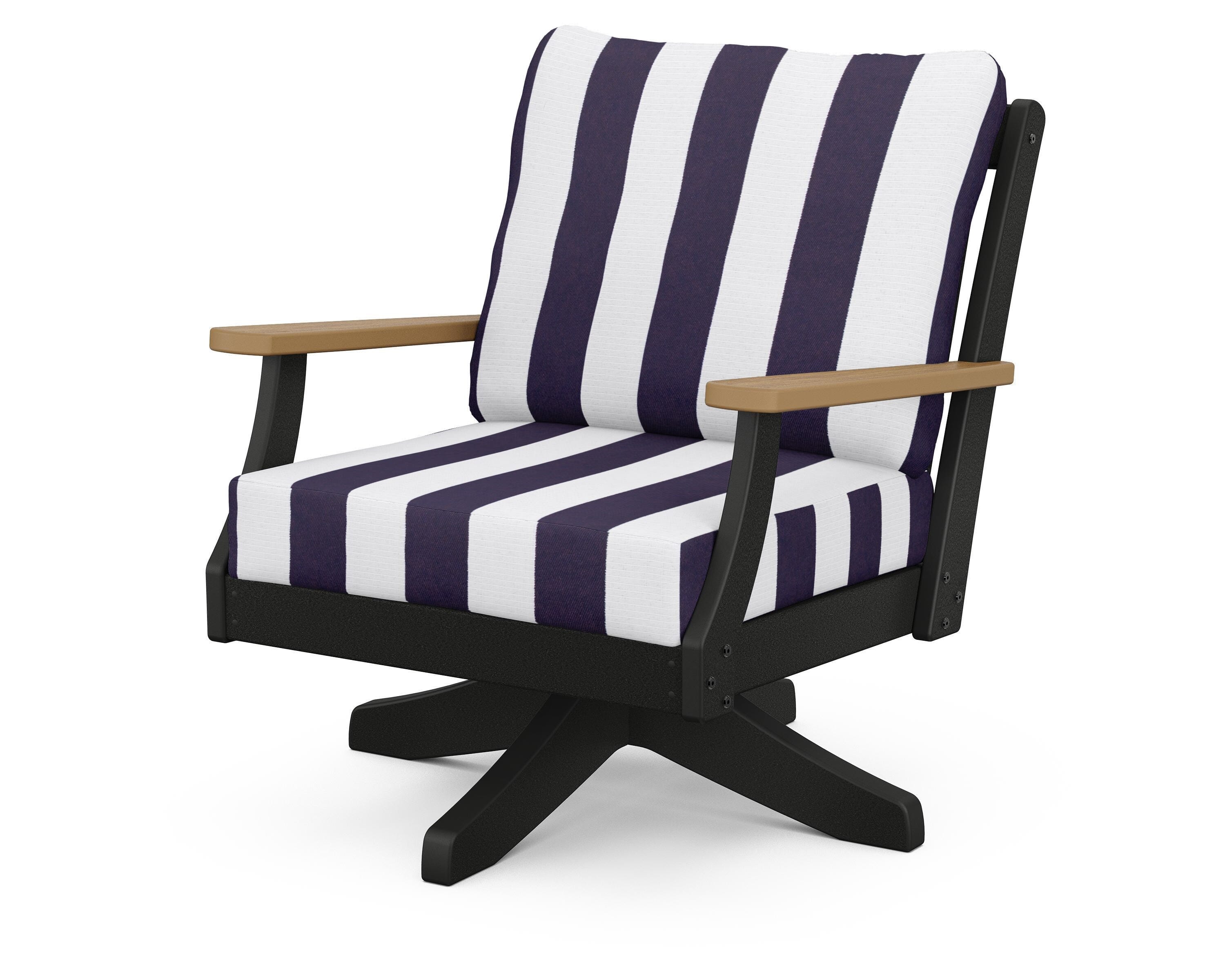 POLYWOOD® Braxton Deep Seating Swivel Chair in Black / Natural / Cabana Stripe Navy