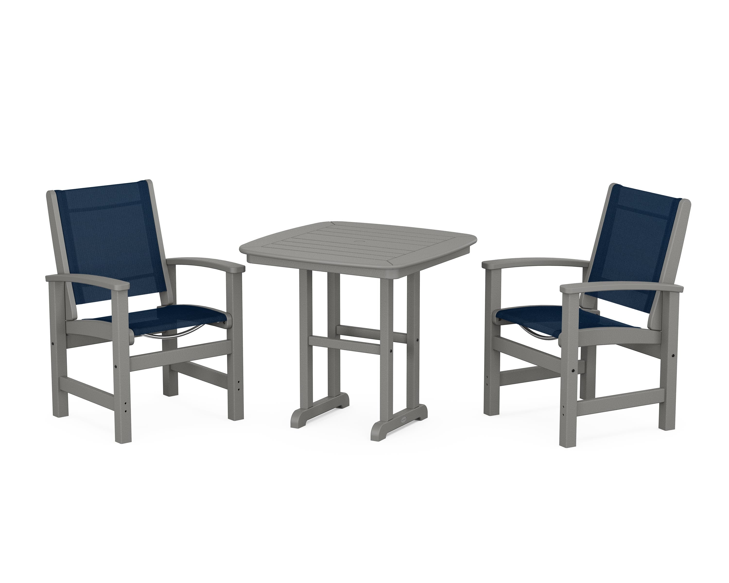 POLYWOOD® Coastal 3-Piece Dining Set in Slate Grey / Navy Blue Sling