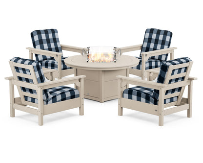POLYWOOD® Club 5-Piece Conversation Set with Fire Pit Table in Sand / Buffalo Plaid Marine Indigo