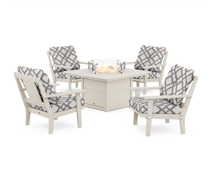 POLYWOOD® Prairie 5-Piece Deep Seating Set with Fire Pit Table in Sand / Trellis Grey Mist